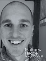 Matthew Hagge, M.A., CCC-SLP, smiling in a black and white portrait