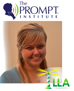 Smiling woman wearing an LLA Therapy lighthouse logo below The PROMPT Institute logo