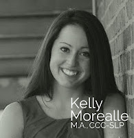 Kelly Morreale, M.A., CCC-SLP, smiling in a black and white portrait