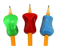Three pencils with green, red and blue pencil grips