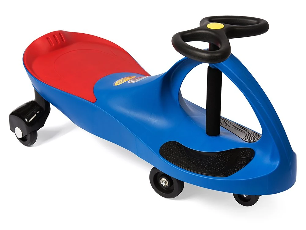Blue and red Plasma Car ride-on toy with a black steering wheel