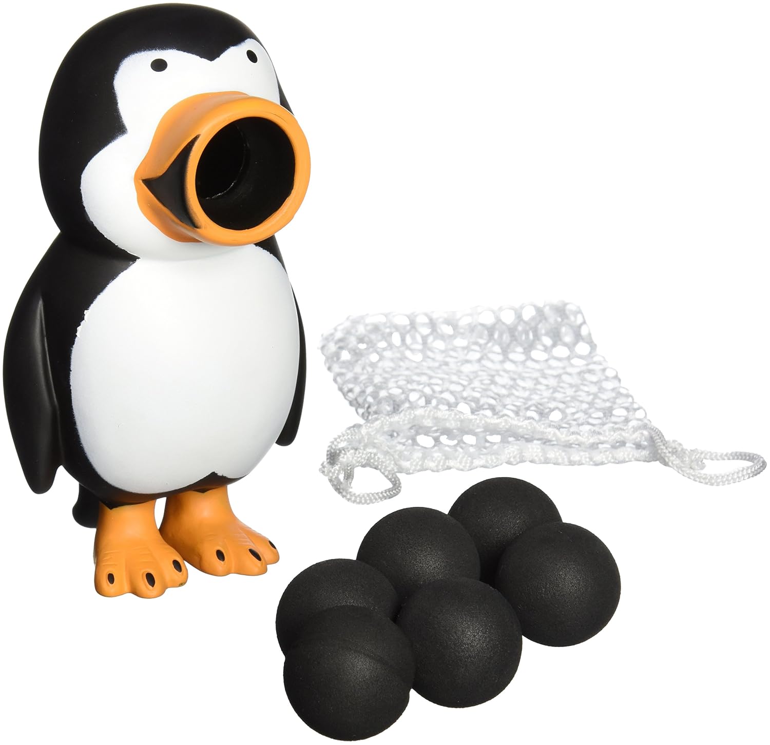 Penguin-shaped popper toy with a launcher beak, a mesh bag and black foam balls