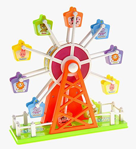 Toy Ferris wheel with colorful animal cars on an orange frame
