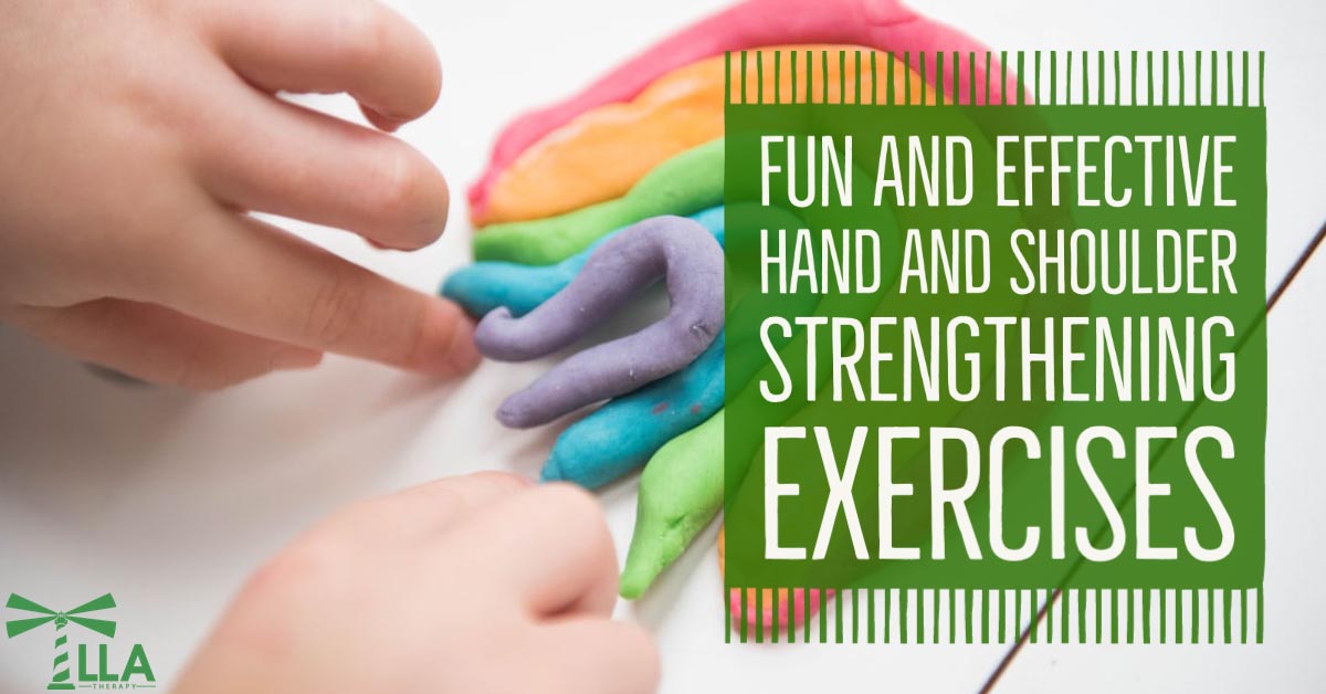 Graphic reading Fun and Effective Hand and Shoulder Strengthening Exercises beside hands shaping colorful play dough