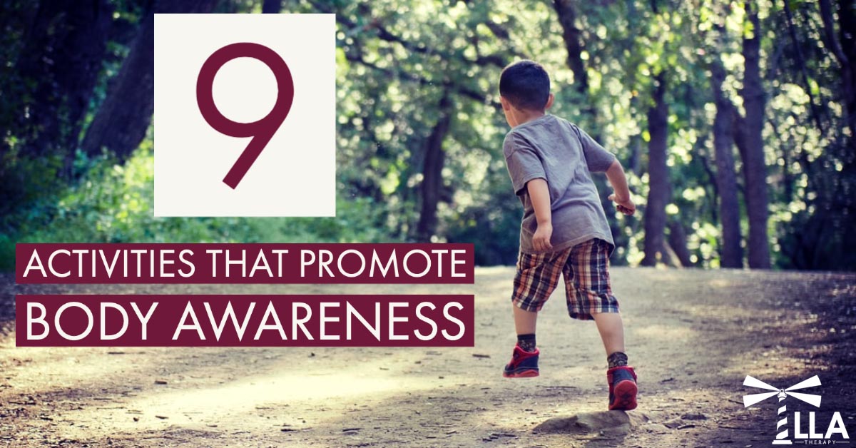 Graphic reading 9 Activities That Promote Body Awareness beside a boy running on a path in the woods