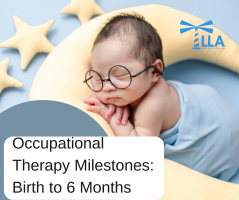 Graphic reading Occupational Therapy Milestones: Birth to 6 Months beside a sleeping newborn in round glasses, with the LLA logo