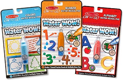 Three Melissa and Doug Water Wow reusable water-reveal pads for colors, numbers and alphabet