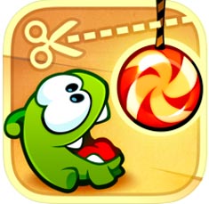 Cut the Rope app icon showing a green character looking at a swirled candy