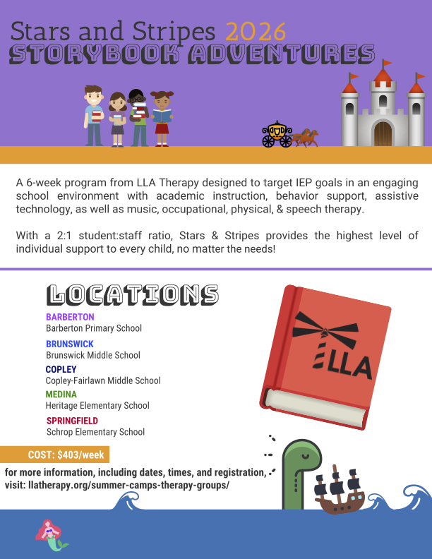 Flyer for Stars and Stripes 2026 Storybook Adventures, a 6-week LLA Therapy program targeting IEP goals with a 2:1 student to staff ratio, at Barberton Primary, Brunswick Middle, Copley-Fairlawn Middle, Heritage Elementary in Medina and Schrop Elementary in Springfield, $403 per week