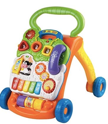 Orange, green and blue push walker toy with a keyboard and activity panels