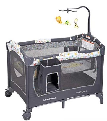Gray Baby Trend Pack 'n Play playard with a hanging mobile