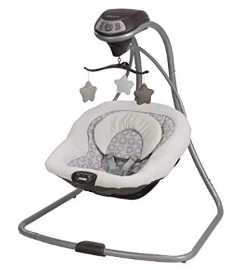 Infant swing and seat with a gray patterned cushion and hanging stars