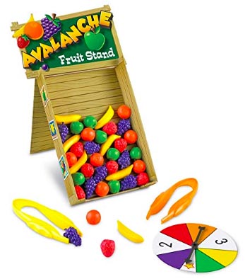 Avalanche Fruit Stand game with plastic fruit, tongs and a spinner