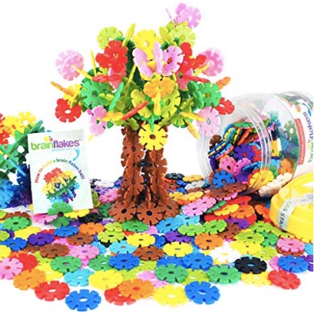 Brain Flakes interlocking disc building set with a colorful tree built from the pieces