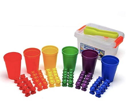 Rainbow set of counting bears sorted into matching colored cups with a storage bin