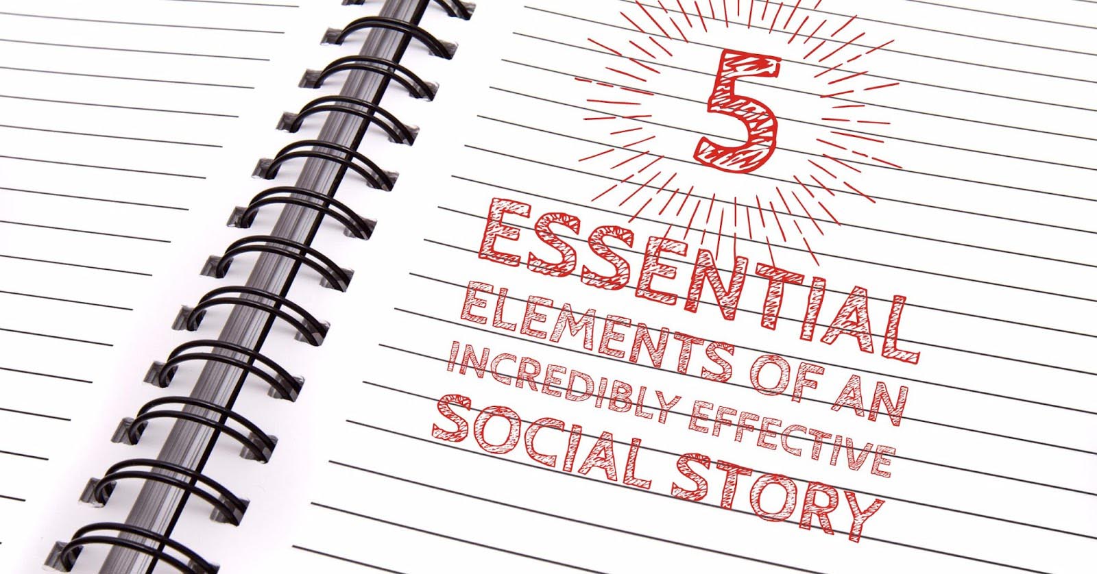 Graphic reading 5 Essential Elements of an Incredibly Effective Social Story on a spiral notebook page
