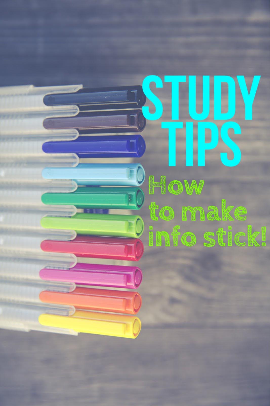 Graphic reading Study Tips: How to make info stick! beside a row of colorful markers