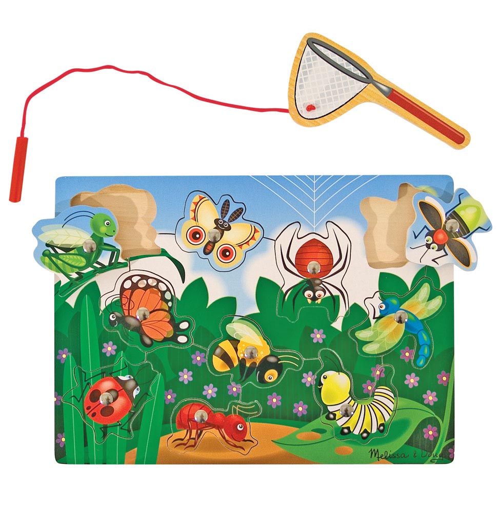 Melissa and Doug fishing magnetic puzzle game with a net on a string and a bug puzzle board