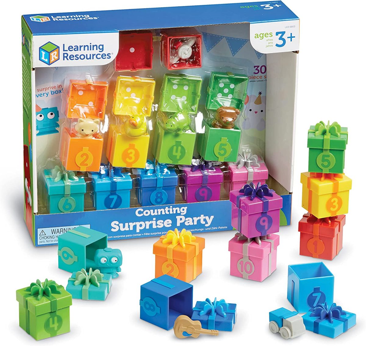 Learning Resources Counting Surprise Party toy set with numbered gift boxes and small toys