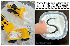 Two photos, one of a toy digger in fake snow and one of a hand writing the letter S in the snow, labeled DIY Snow