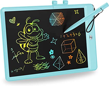 Electronic LCD drawing pad with a colorful bee drawing and a stylus