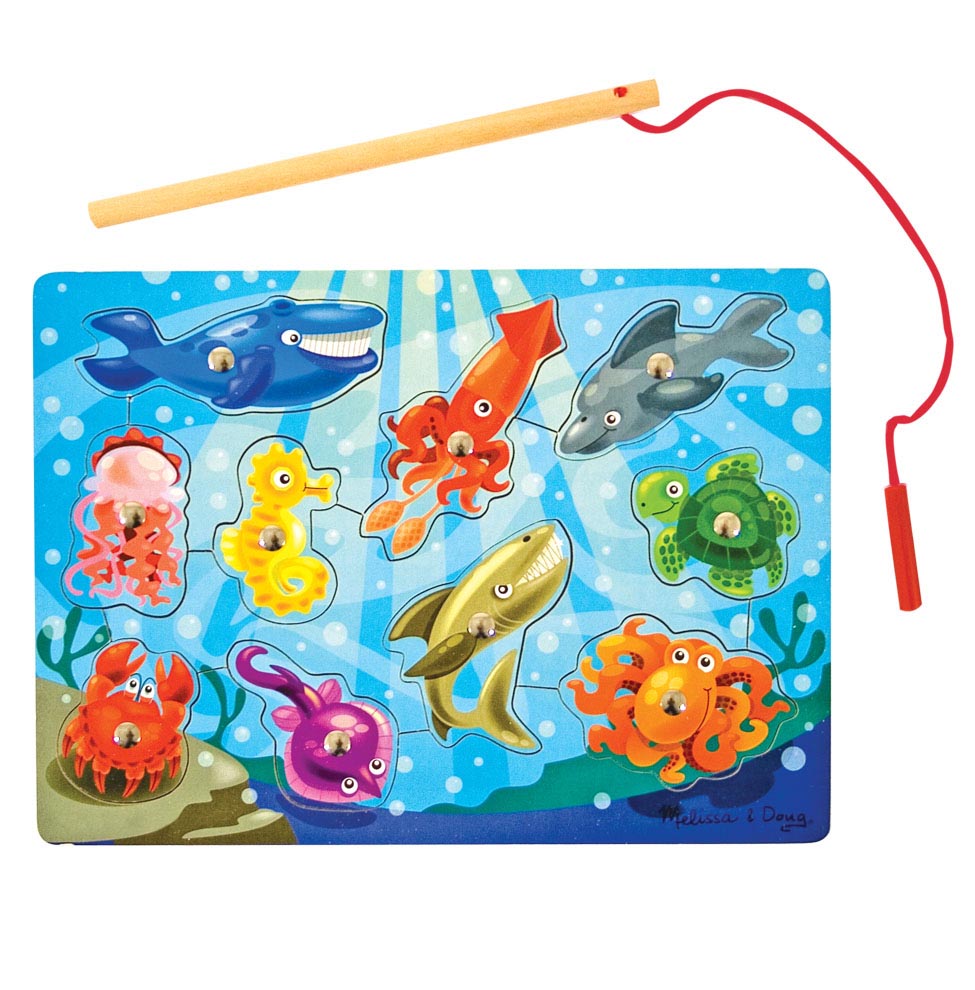 Melissa and Doug fishing magnetic puzzle game with a sea animal puzzle board and a magnetic rod