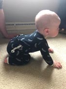 Baby in a crawling position on hands and knees on a carpet