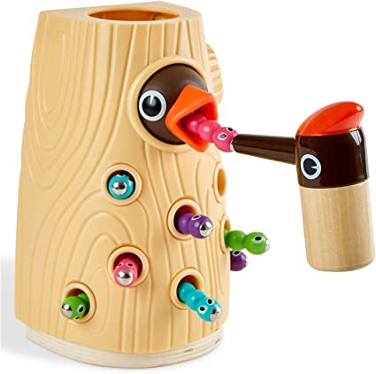 Wooden woodpecker toy tree stump with magnetic worms and a mallet
