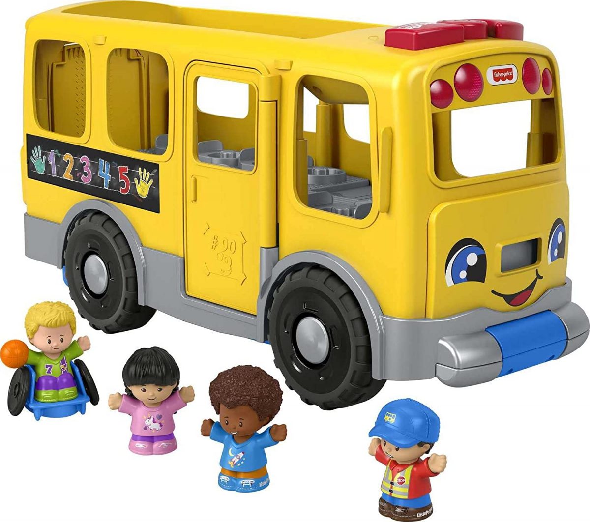 Yellow Fisher-Price school bus toy with four little figures