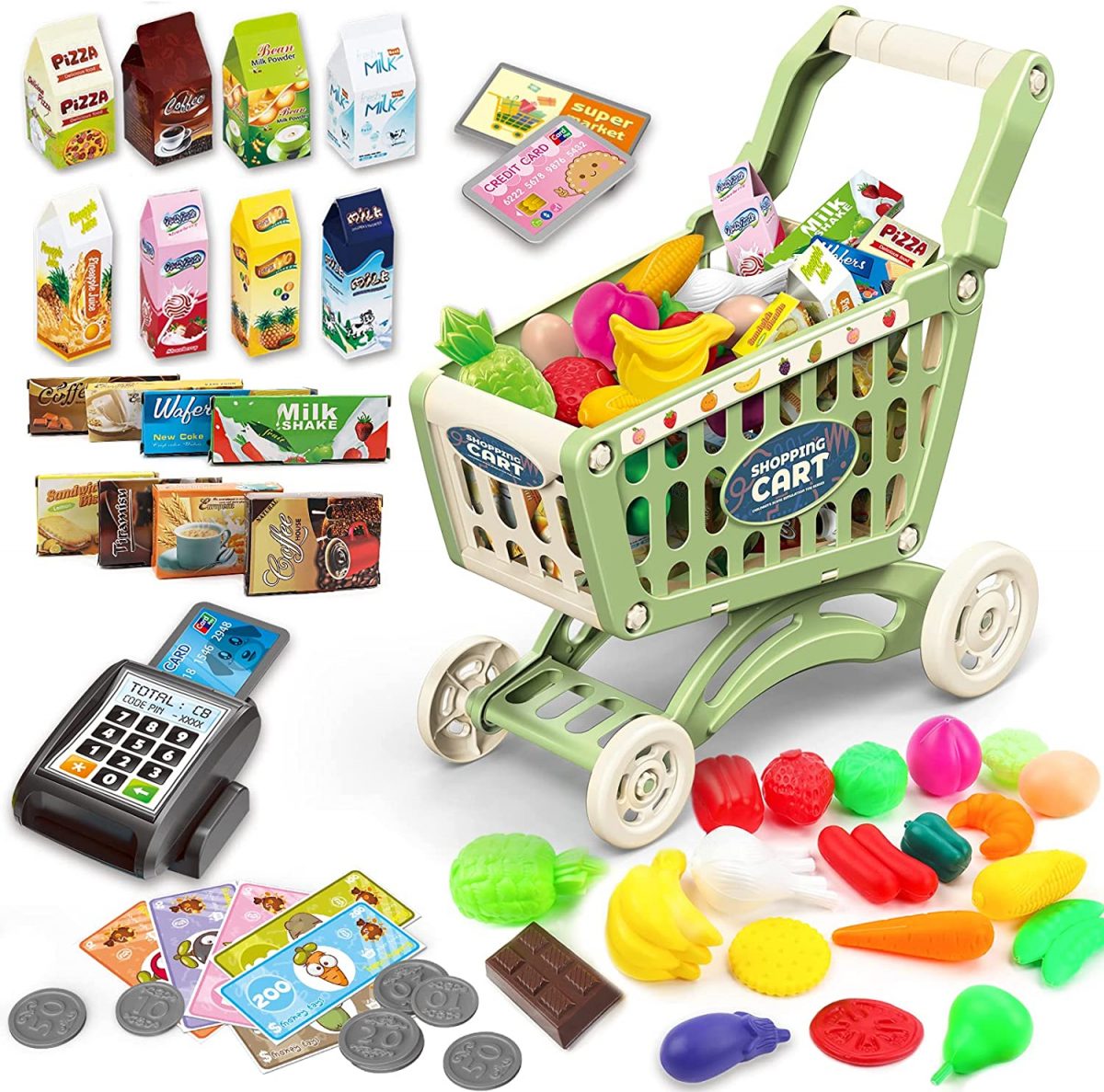 Toy shopping cart set with play food, a cash register and play money
