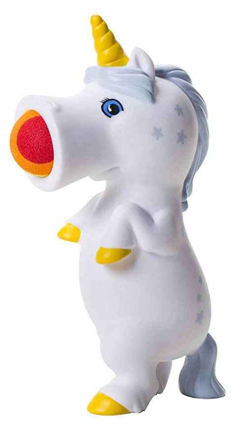 White unicorn popper toy that shoots a foam ball from its mouth